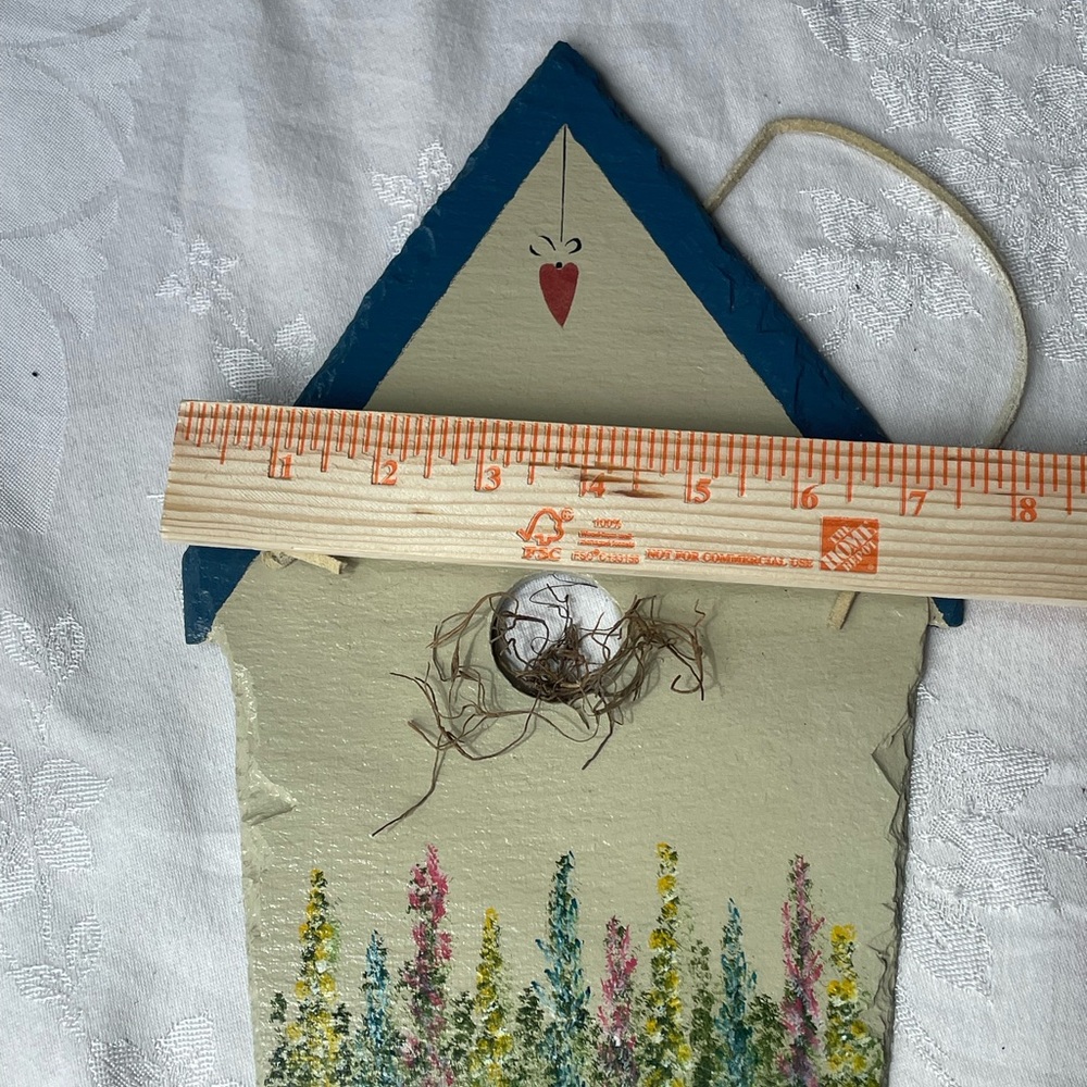 Vintage Slate Birdhouse Wall Hanging Decor Handpainted Flowers Bird Nest 11.5” - Picture 4 of 4